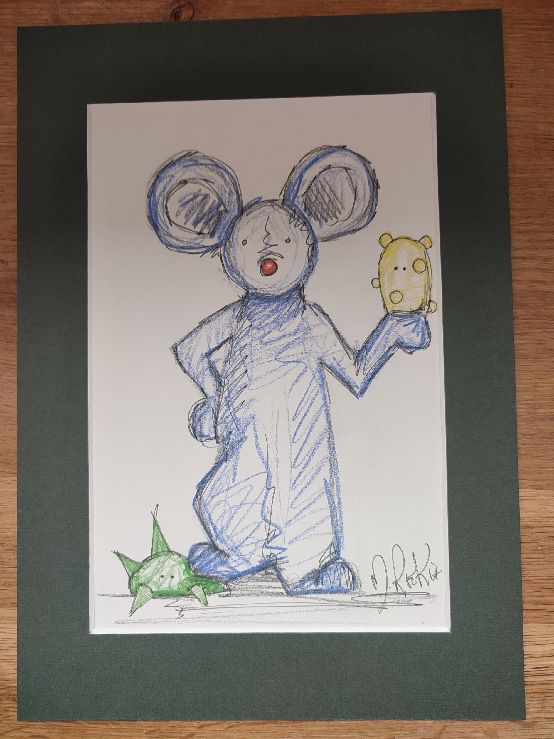 Original Sketch, Blue Mouse Holding Yellow Creature