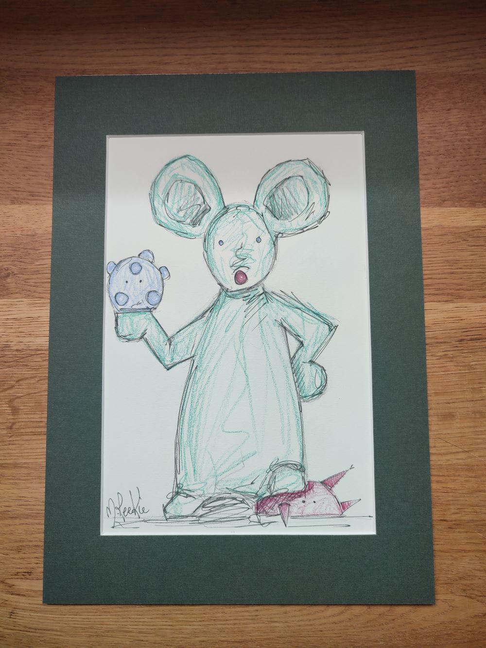 Original Sketch, Teal coloured Mouse Holding Blue Creature