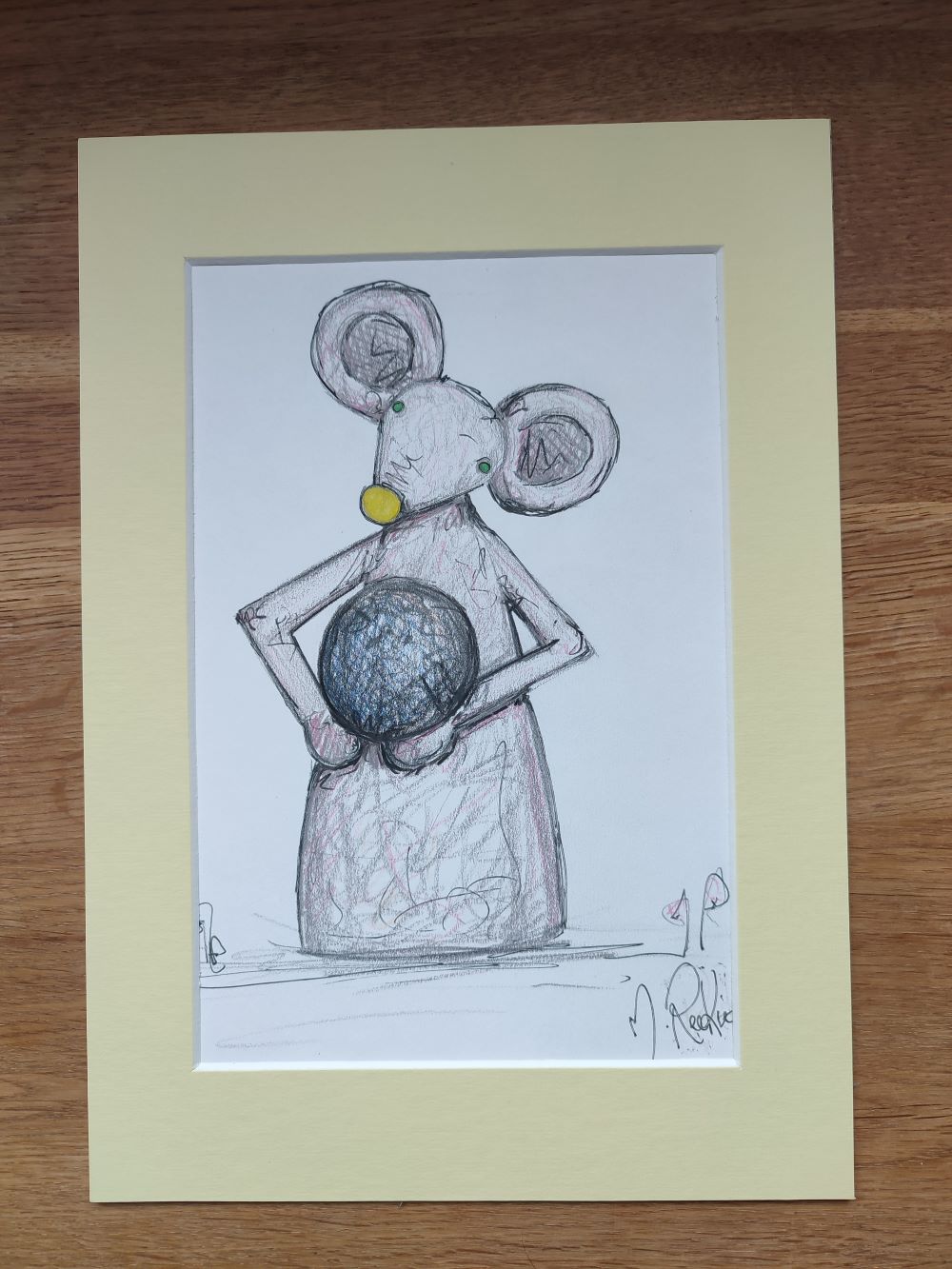 Original Sketch, Grey Mouse Holding A Stone